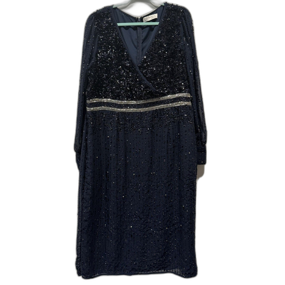 Mac Duggal Midi Dress Navy Sequin Beaded V-Neck Bishop Sleeve Women's sz 20